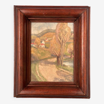 Small landscape painting on hardboard in molded natural wood frame, Monick Renou