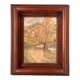 Small landscape painting on hardboard in molded natural wood frame, Monick Renou