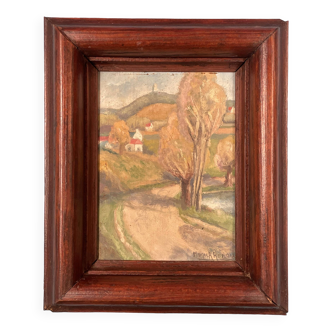 Small landscape painting on hardboard in molded natural wood frame, Monick Renou