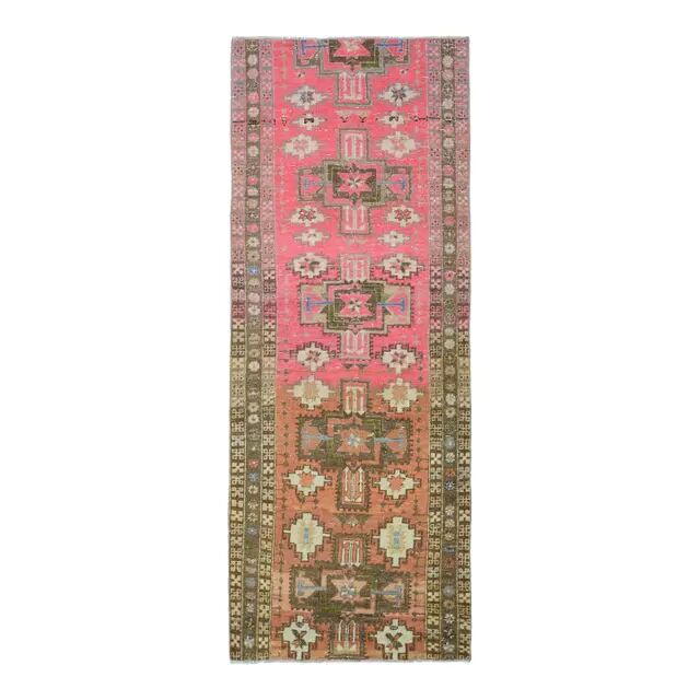 Vintage Turkish Oushak Handmade Wool Cotton Pink Runner Rug 96x242