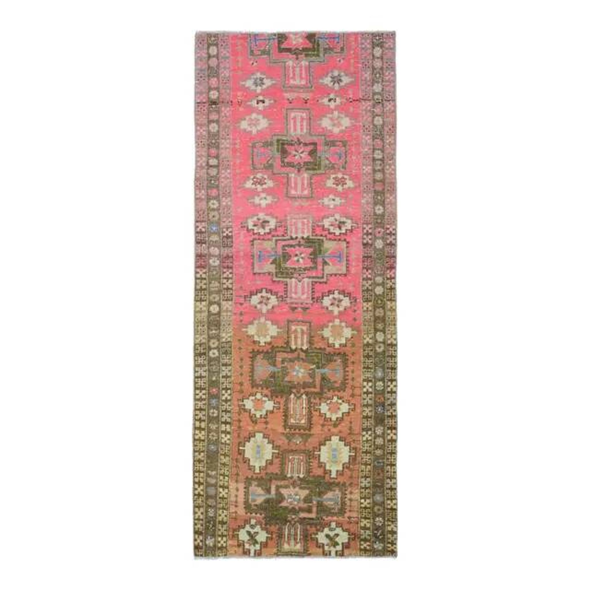 Vintage Turkish Oushak Handmade Wool Cotton Pink Runner Rug 96x242