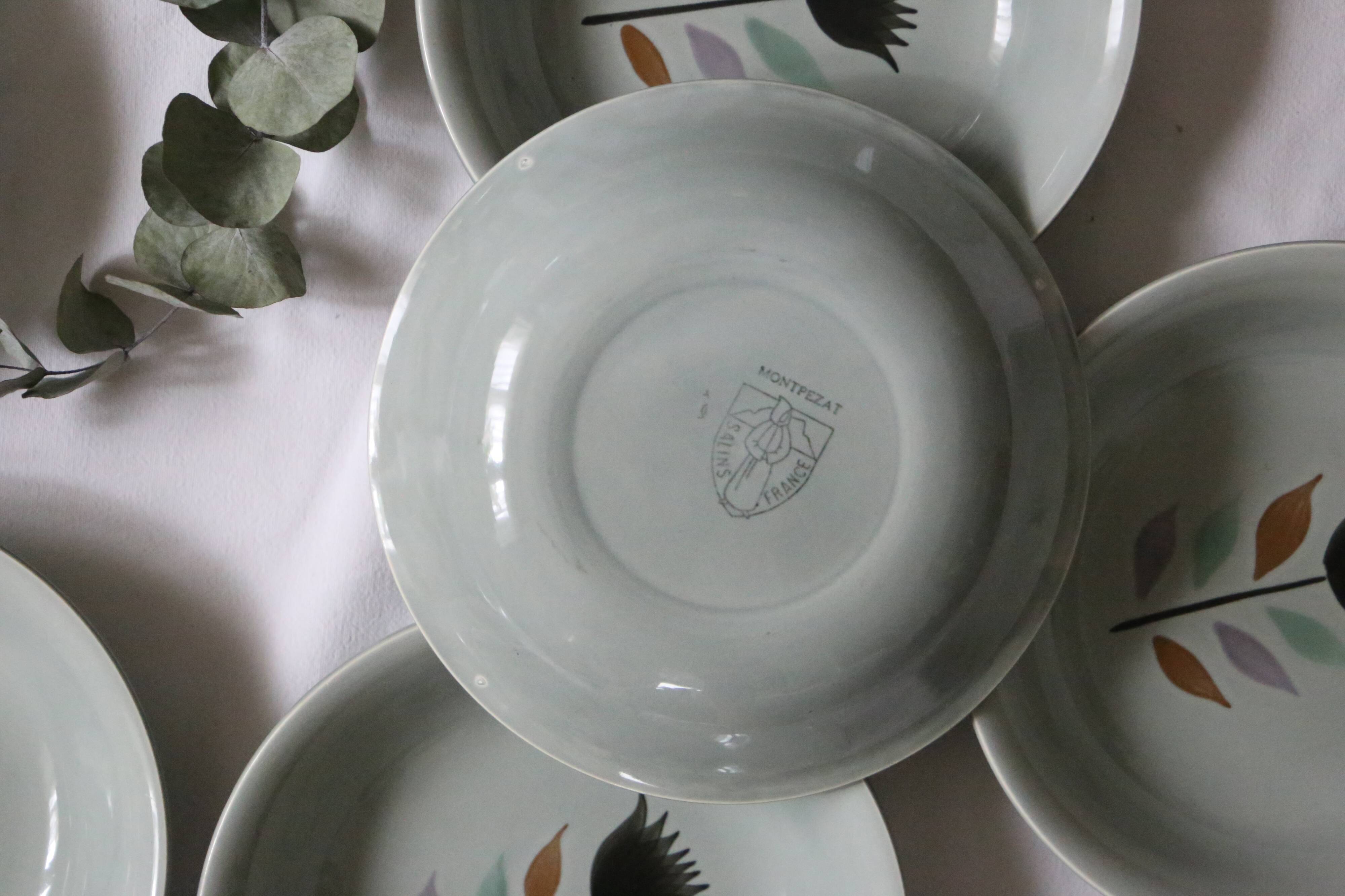 Set of 6 plates caps -or hollows- Salins, Montpezat pattern, vintage French