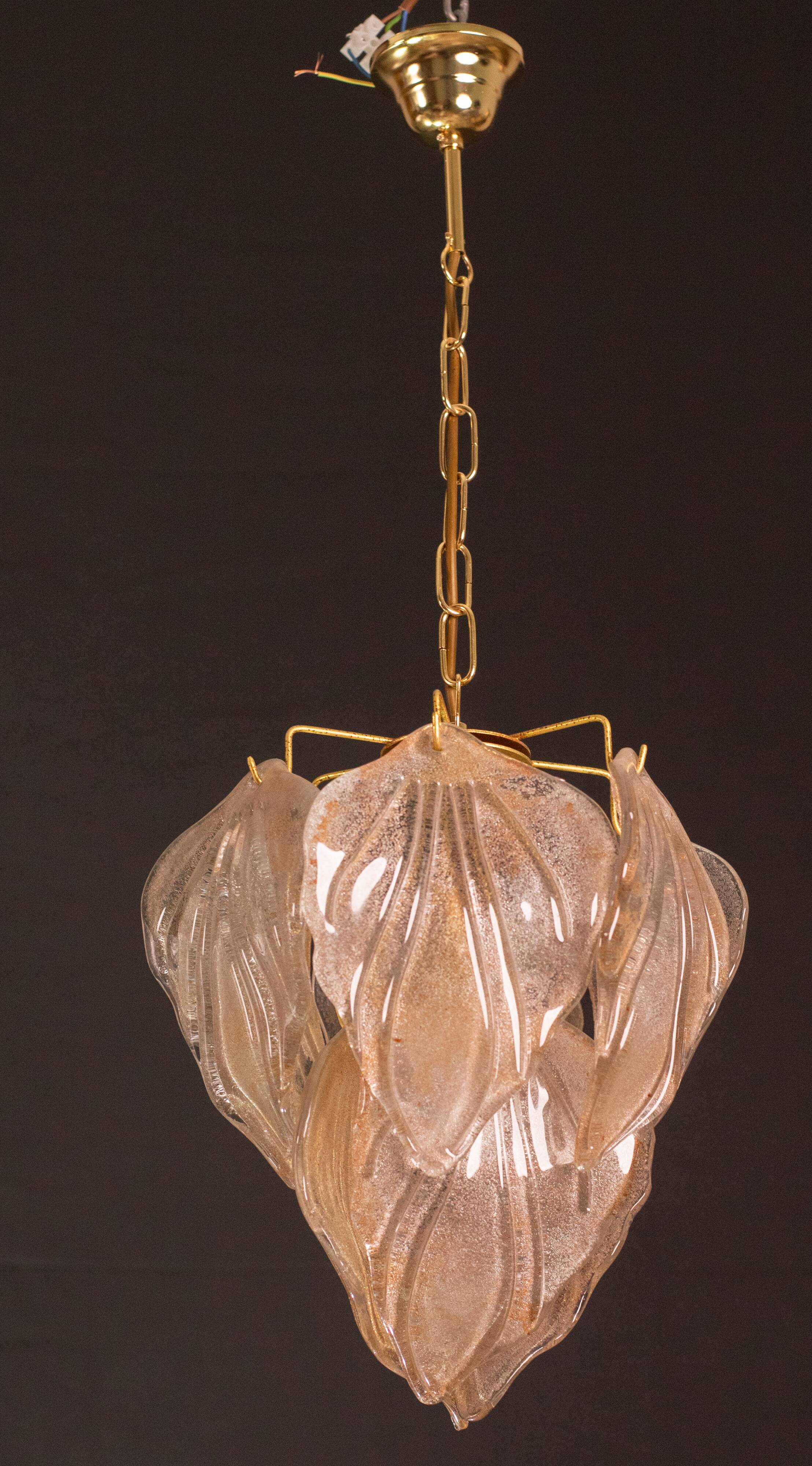 Gorgeous vintage Murano chandelier with leaves of orange and pink highlights