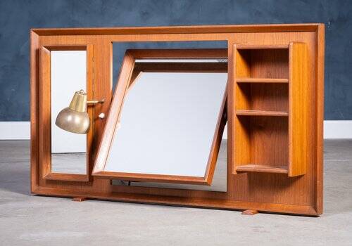 Vintage Freestanding Teak Mirror with Lamp, 1960s