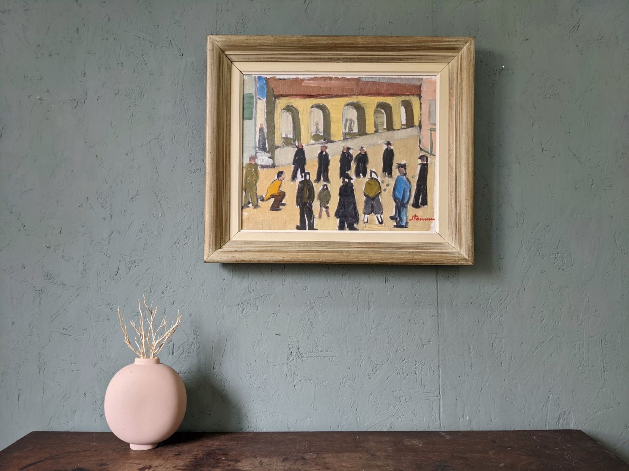 Mid-Century Modern Swedish Oil Painting "A Game of Petanque" Vintage Figurative Street Scene, Framed