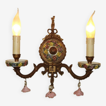 Bronze spanish capodimonte double wall light with pink porcelain roses 4708