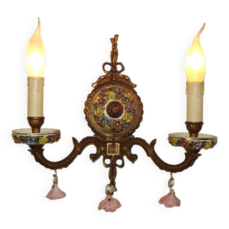 Bronze spanish capodimonte double wall light with pink porcelain roses 4708