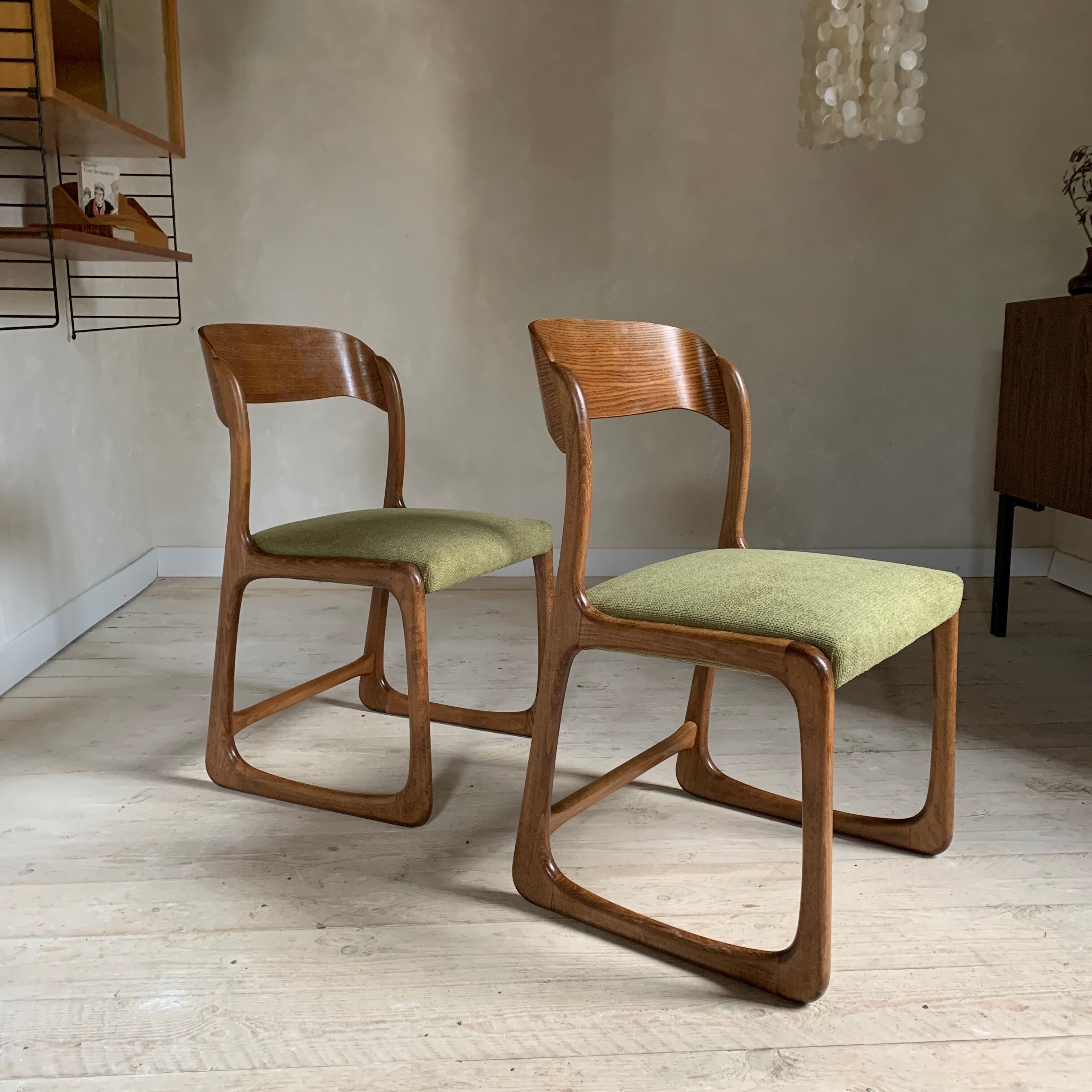 Baumann vintage sled chairs in ash and linden green velvet fabric