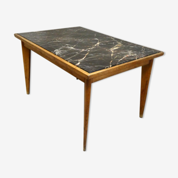 Ancienne table de boulanger, chêne et marbre noir, 1950