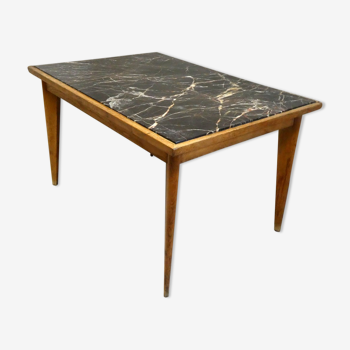 Old baker's table, oak and black marble, 1950