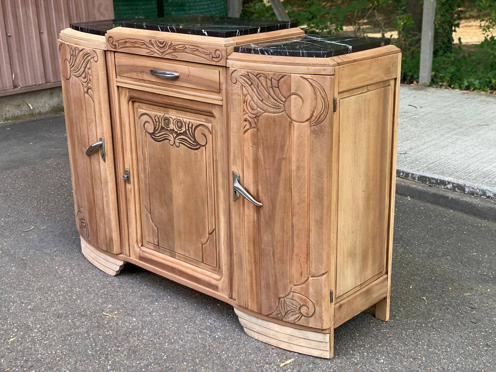 Art Deco sideboard renovated in solid walnut with black marble, 1930.