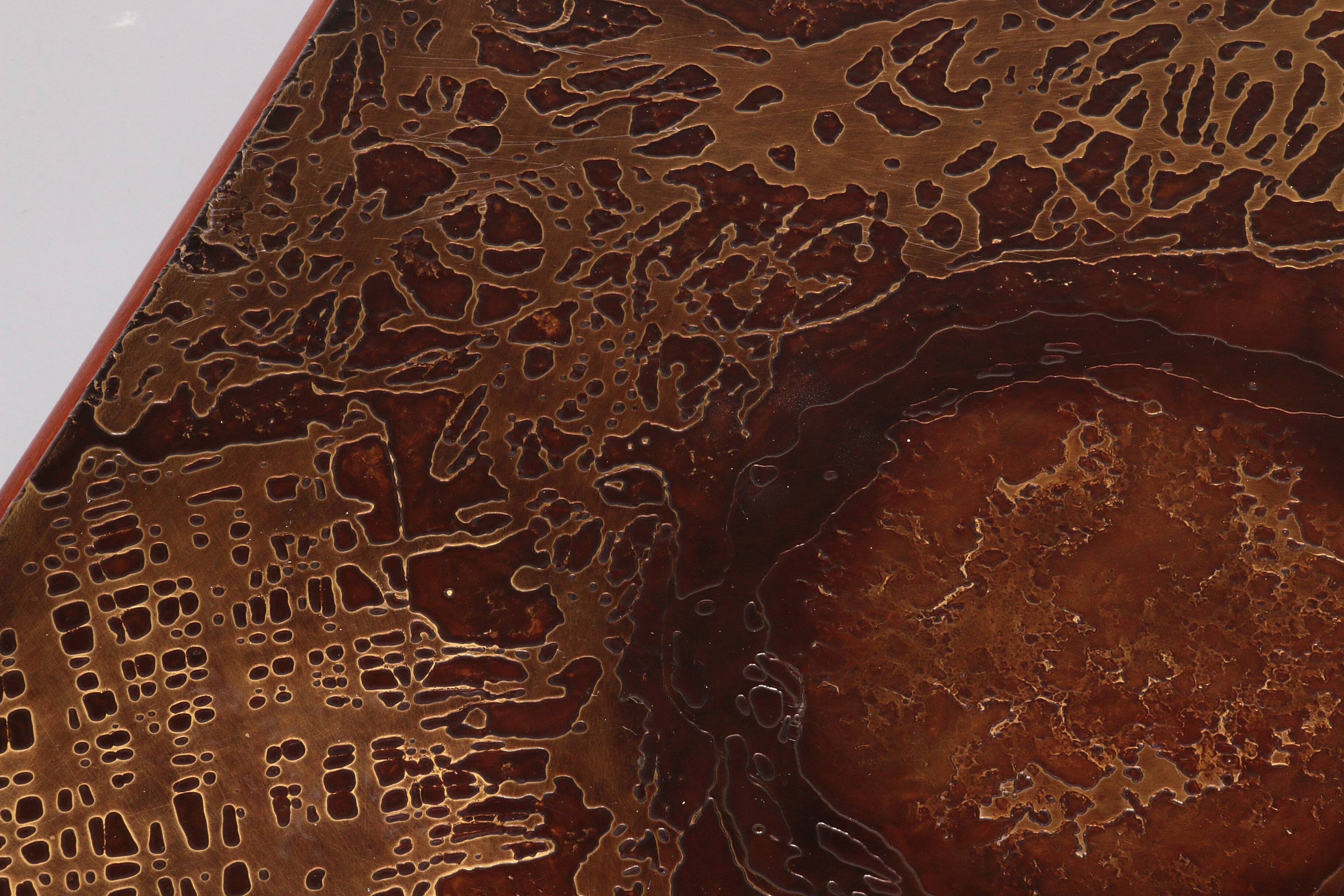 Brutalist Coffee Table with Copper Top and Wooden Base 1970