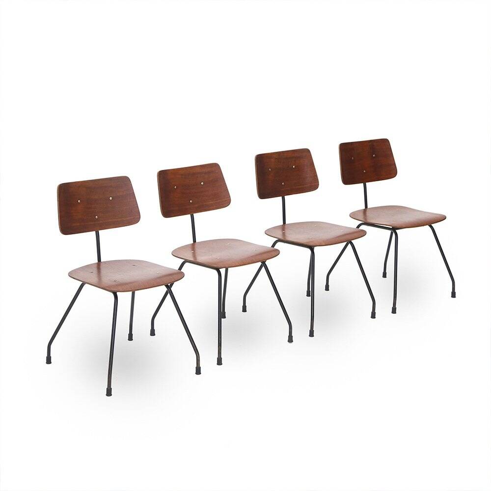 Curved plywood and metal chair, 1950s, set of 4