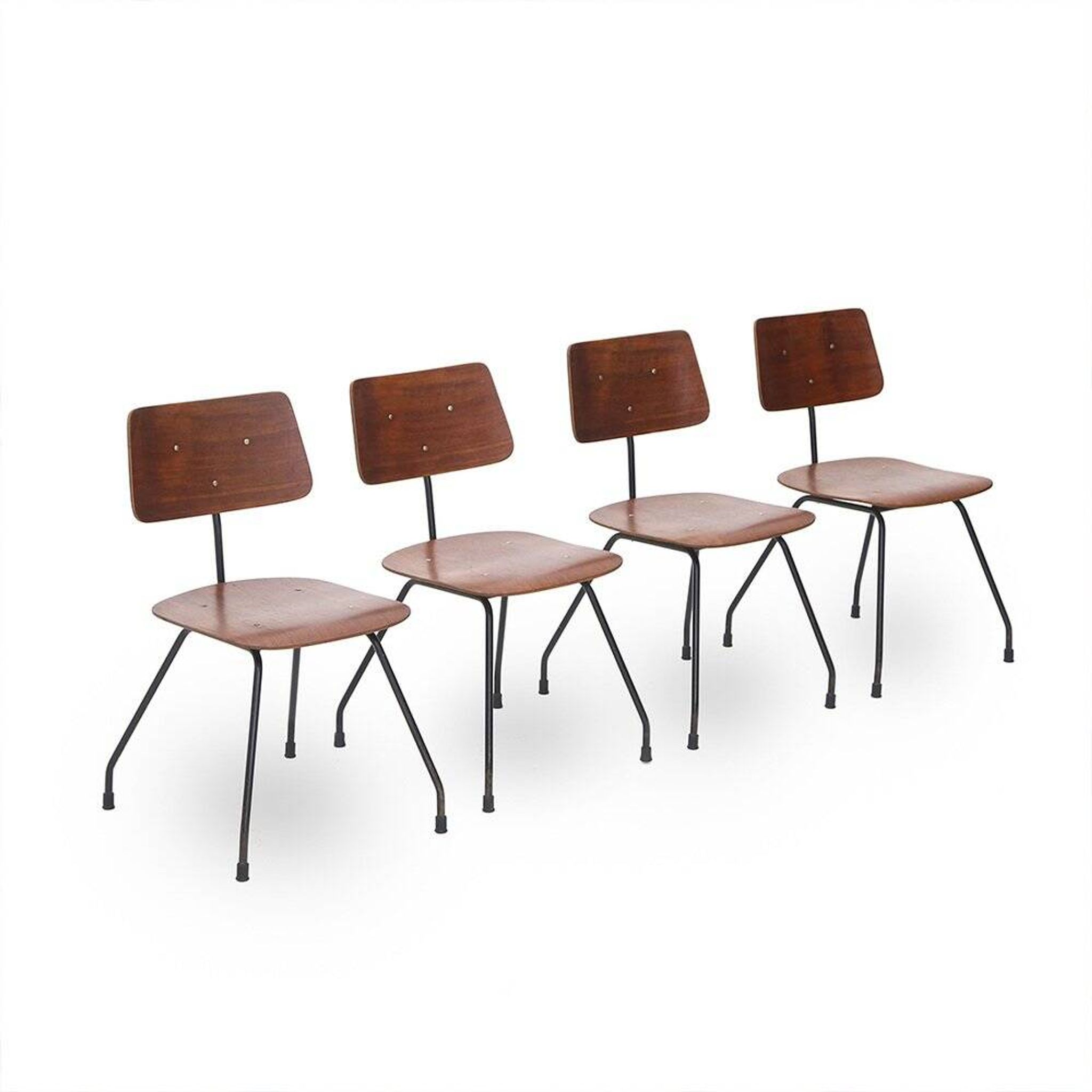 Curved plywood and metal chair, 1950s, set of 4