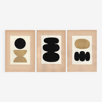 Trio of abstract collages - black and gold - signed Eawy