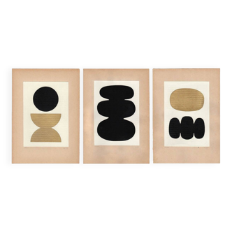 Trio of abstract collages - black and gold - signed Eawy