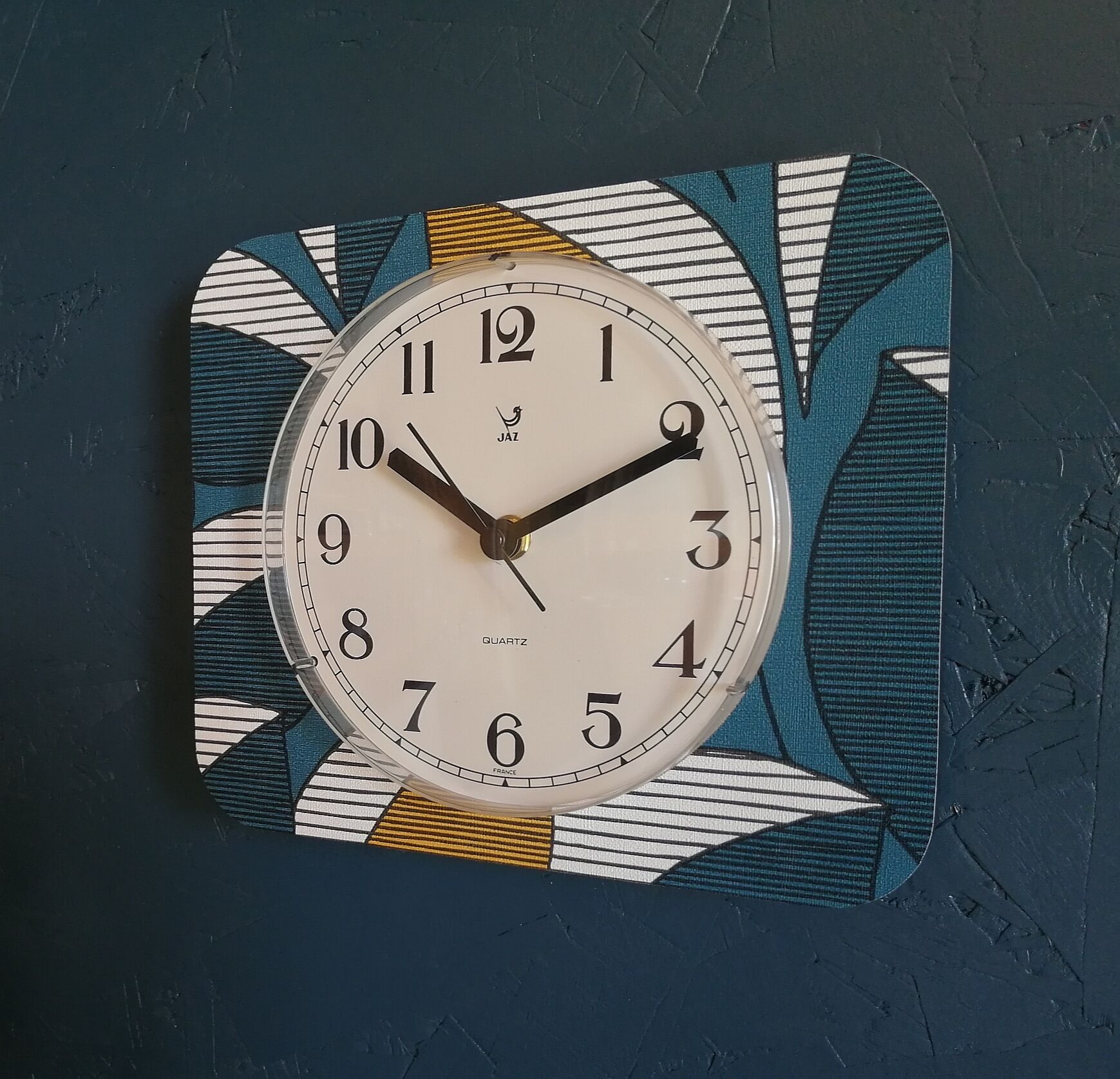 Vintage clock rectangular silent wall clock "Jaz blue white ochre"