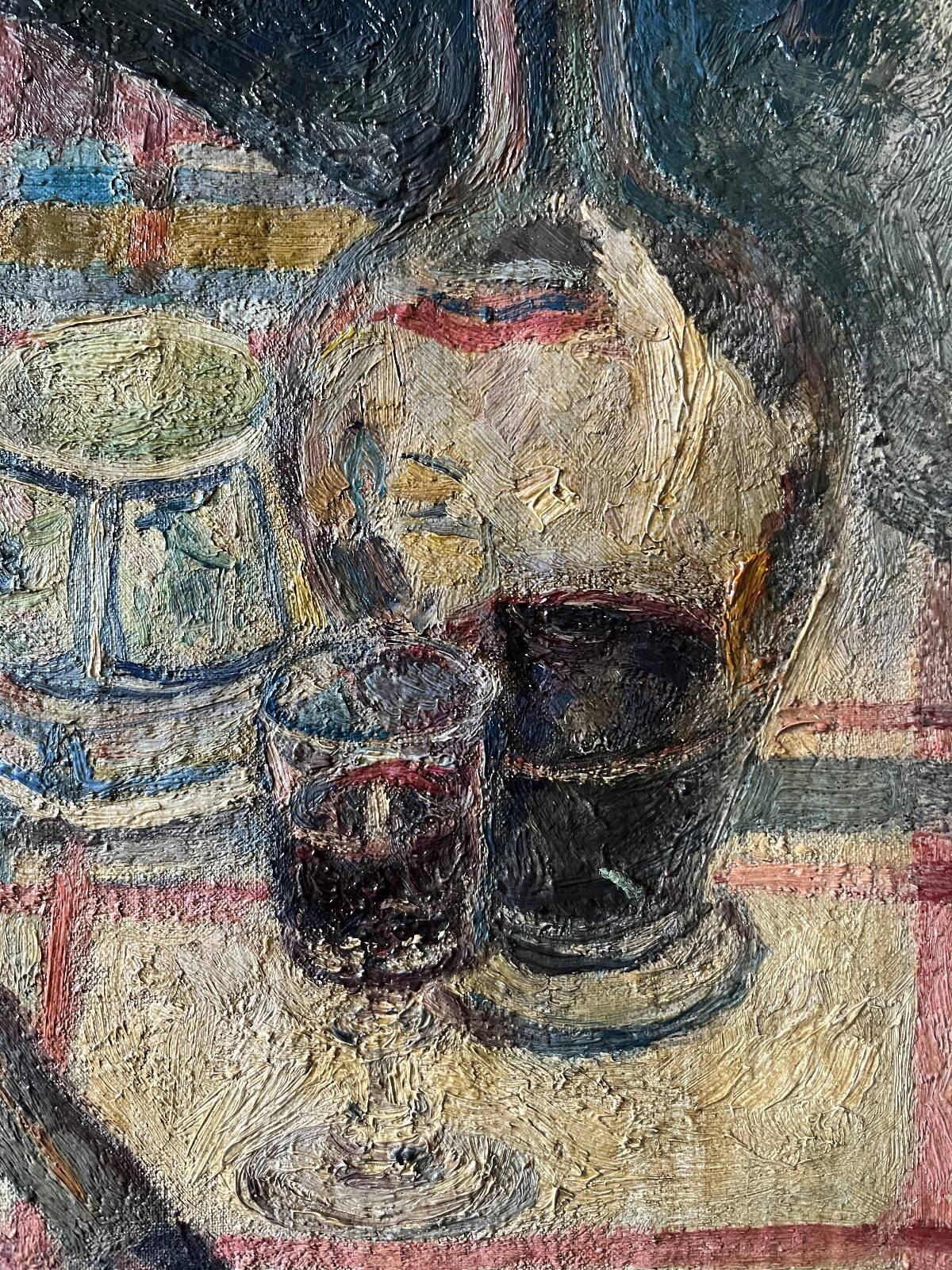 HST painting "Still life with cheese and wine" circa 1950 A. Eon (born in 1923)