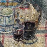 HST painting "Still life with cheese and wine" circa 1950 A. Eon (born in 1923)