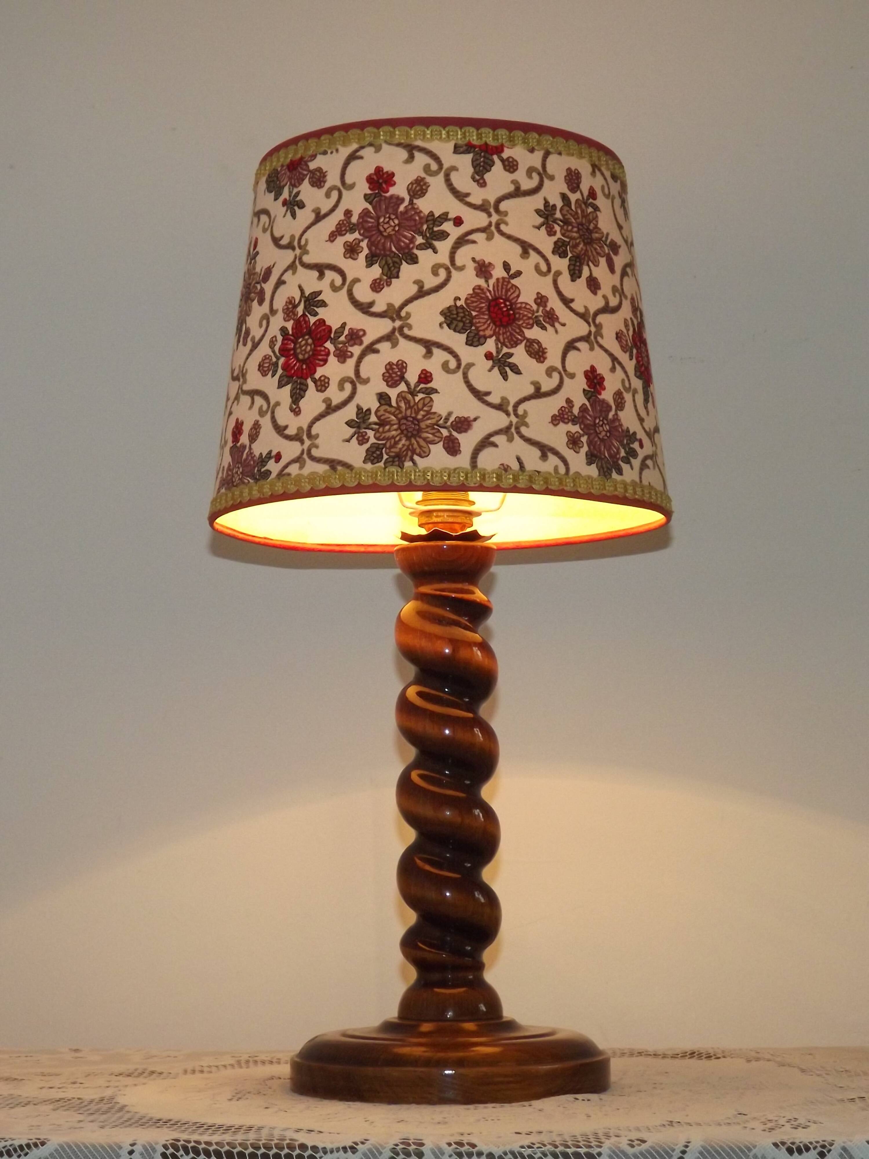French Vintage Round Wooden Barley Twist Table Lamp With Floral Shade