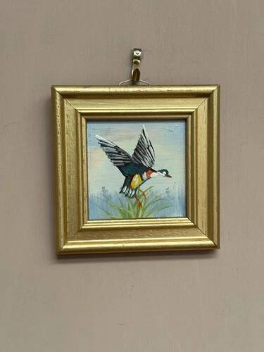 Mid-Century Oil on Panel – “ Birds” by Unknown, Vintage & Framed 11 × 11 cm