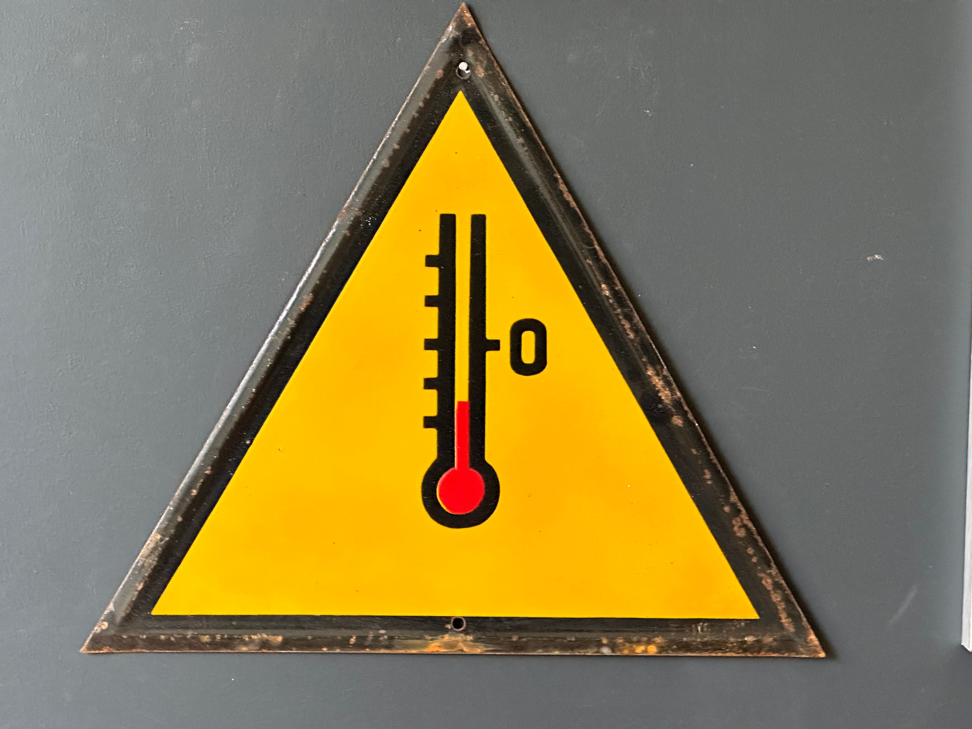 Thermometer yellow warning sign vintage european 1980