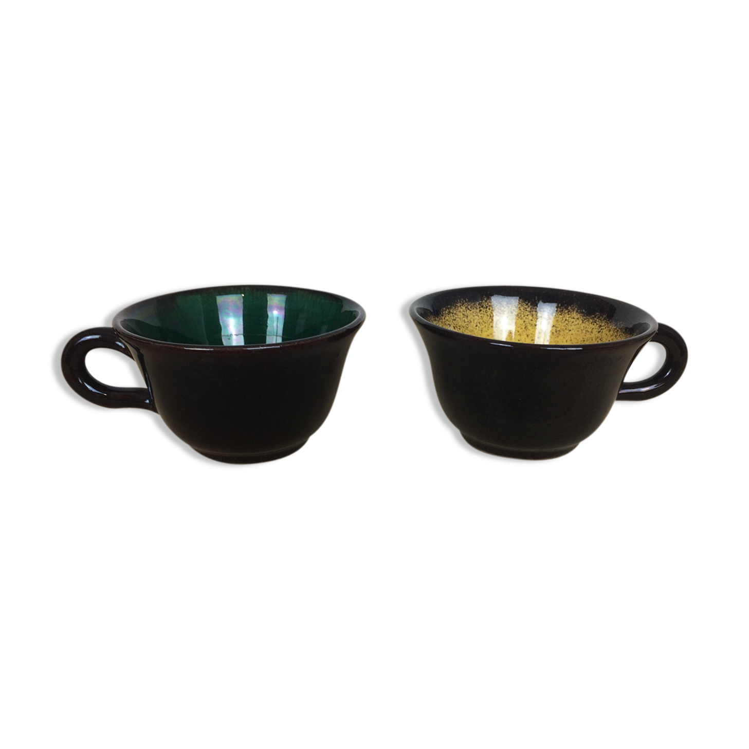 2 cup Keraluc Quimper set in green and yellow ceramic
