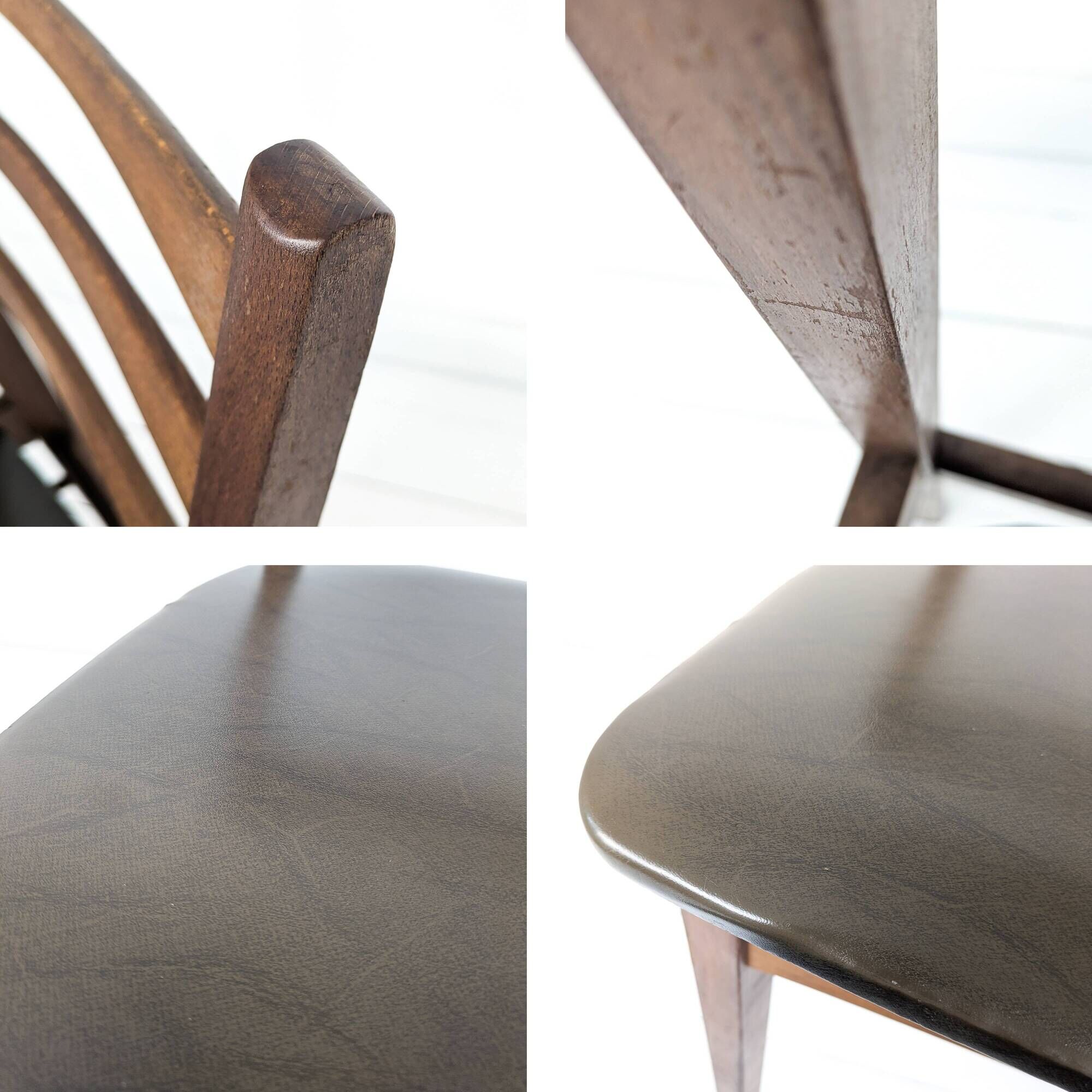 Chaise vintage design danois en bois avec assise en simili cuir olive brun