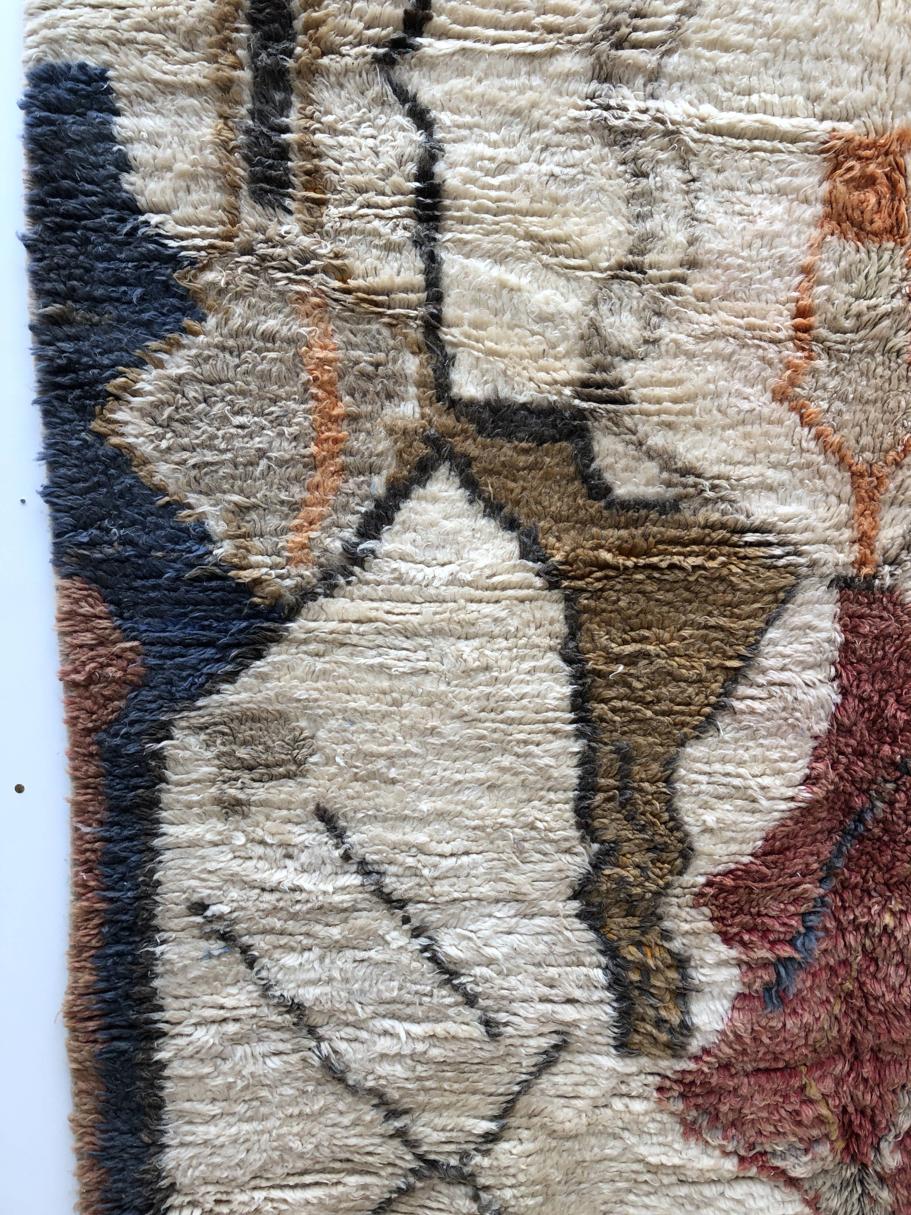 Moroccan Berber rug Boujaad ochre, blue, red and orange 2.56x1.58m