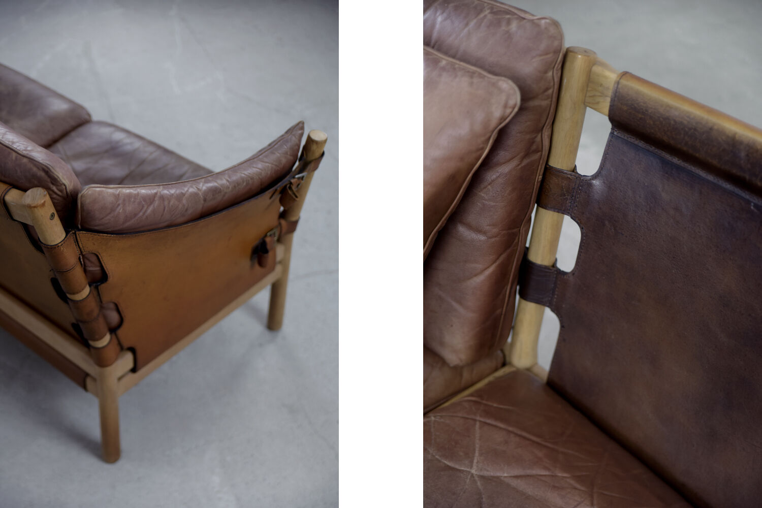 Vintage scandinavian oak & leather 2-seater Safari sofa, 1960s