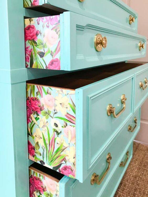 Louis XV style solid wood chest of drawers repainted in lagoon blue with 2 drawers
