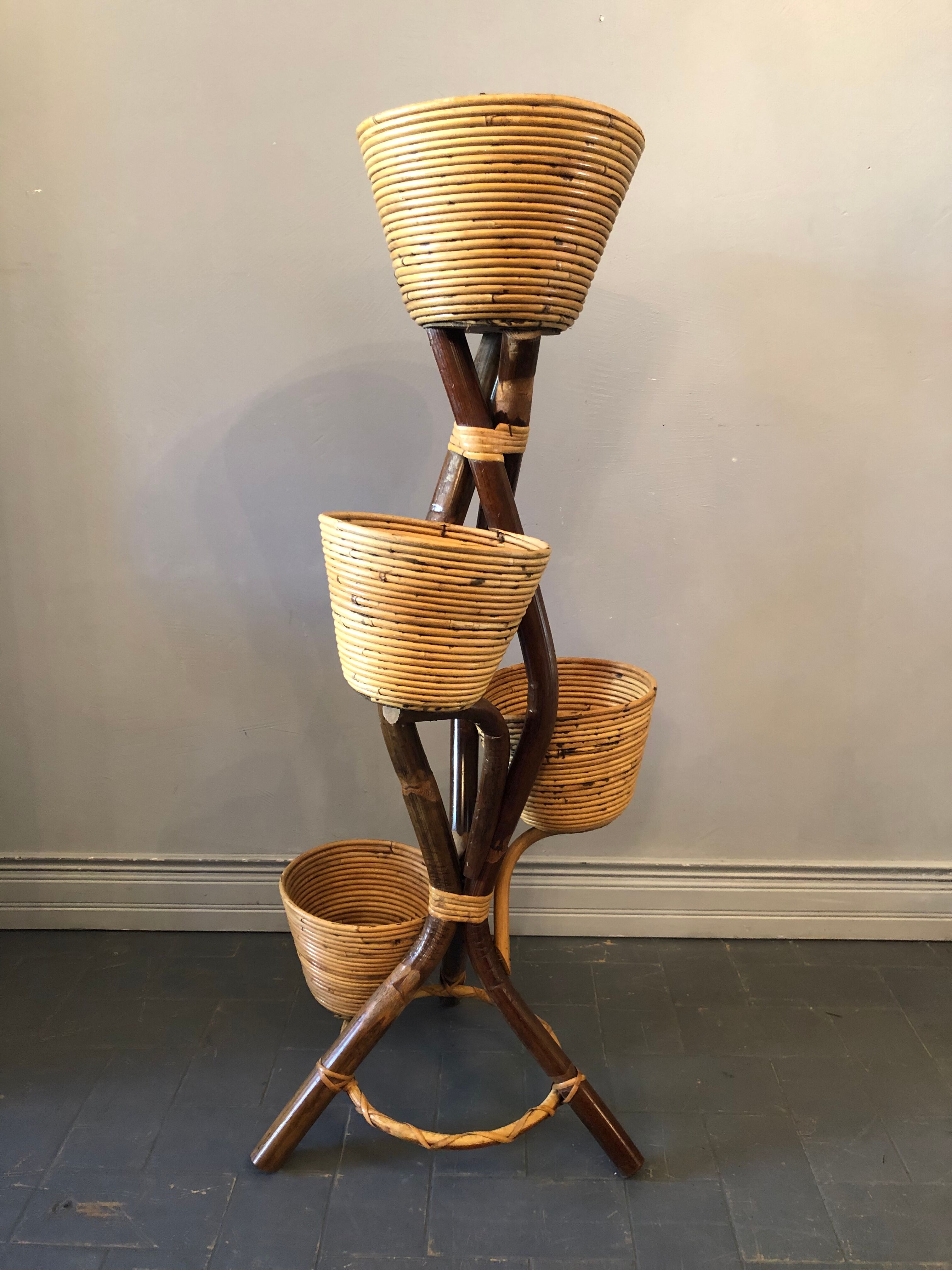 Vintage bamboo and rattan plant holder