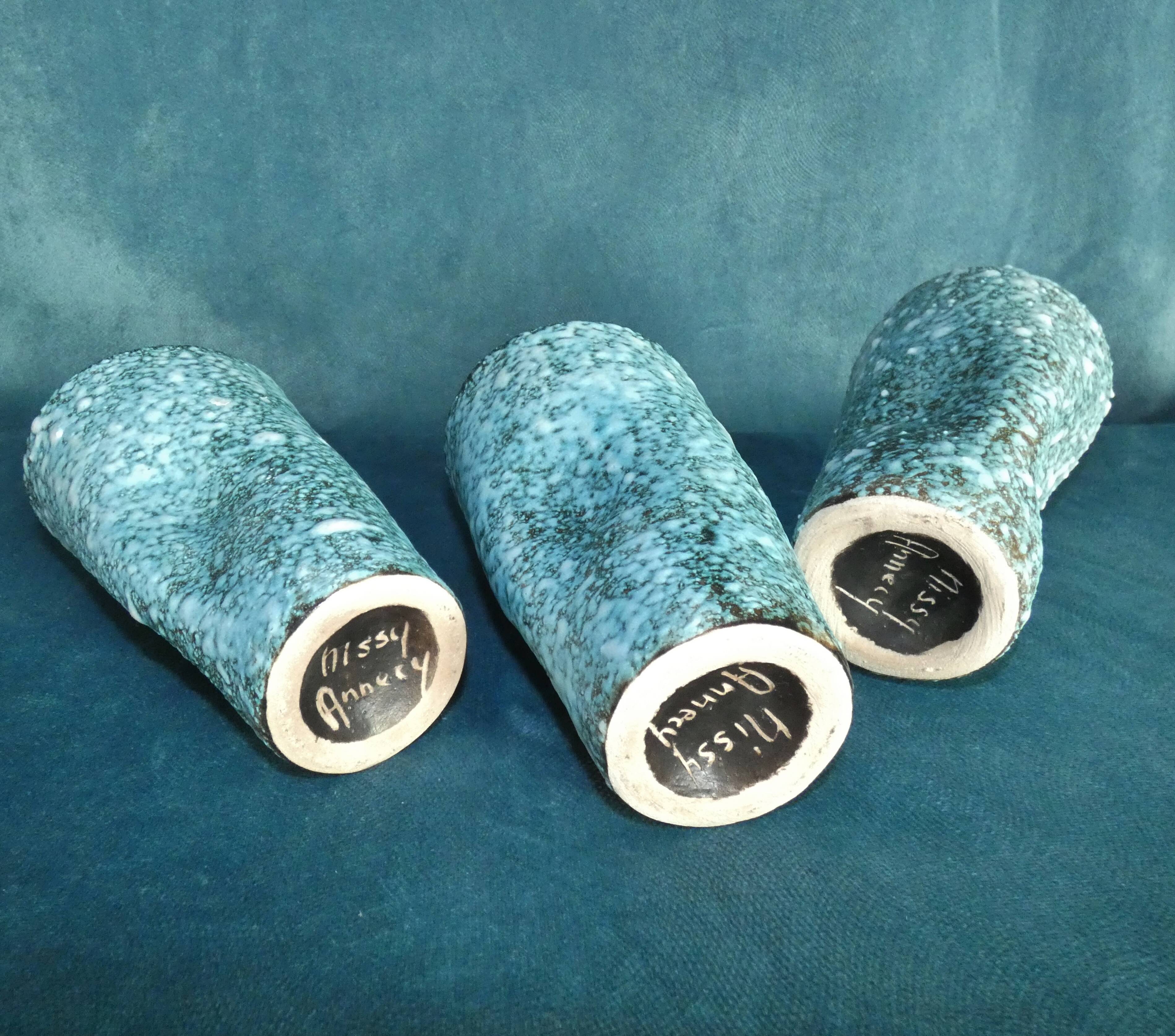 3 vases Ceramic Modernist Turquoise Free Form Nissy Annecy circa 1950