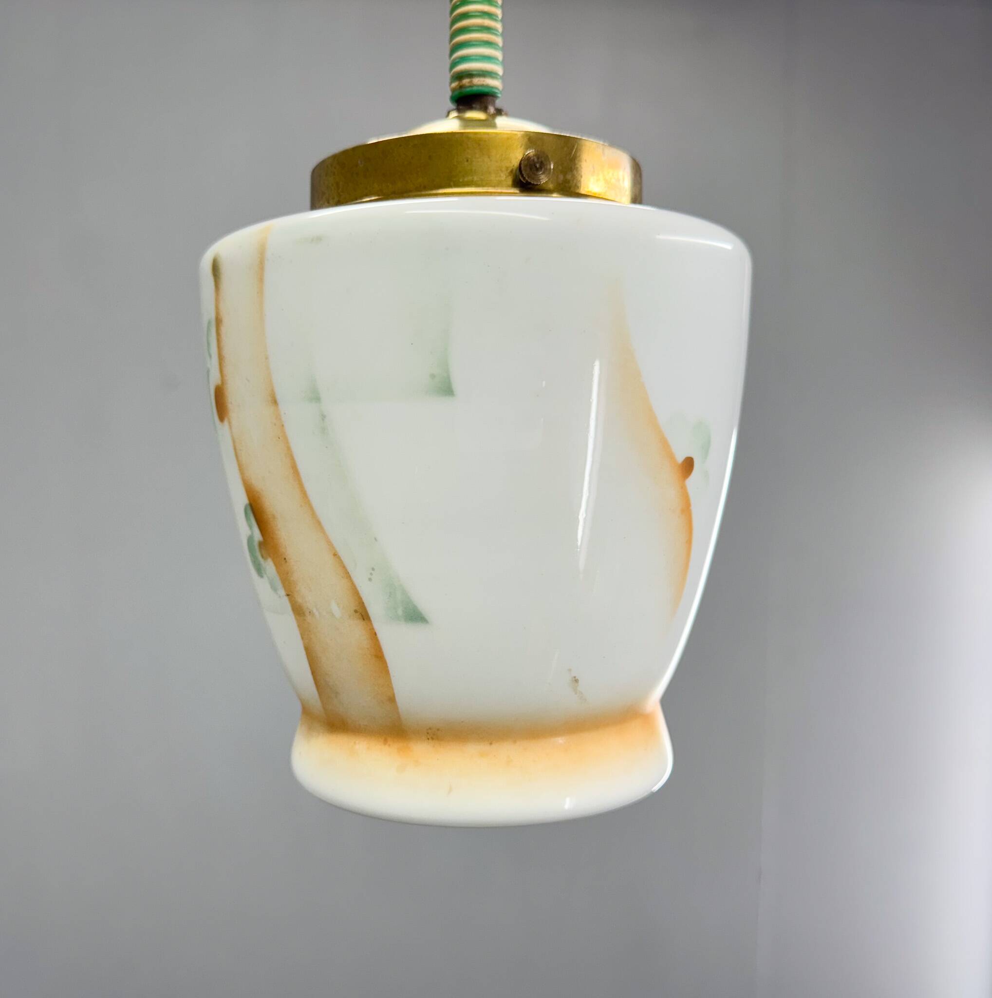 Small Art Deco Brass & Colored Glass Pendant Ligt, Germany 1930's, Restored
