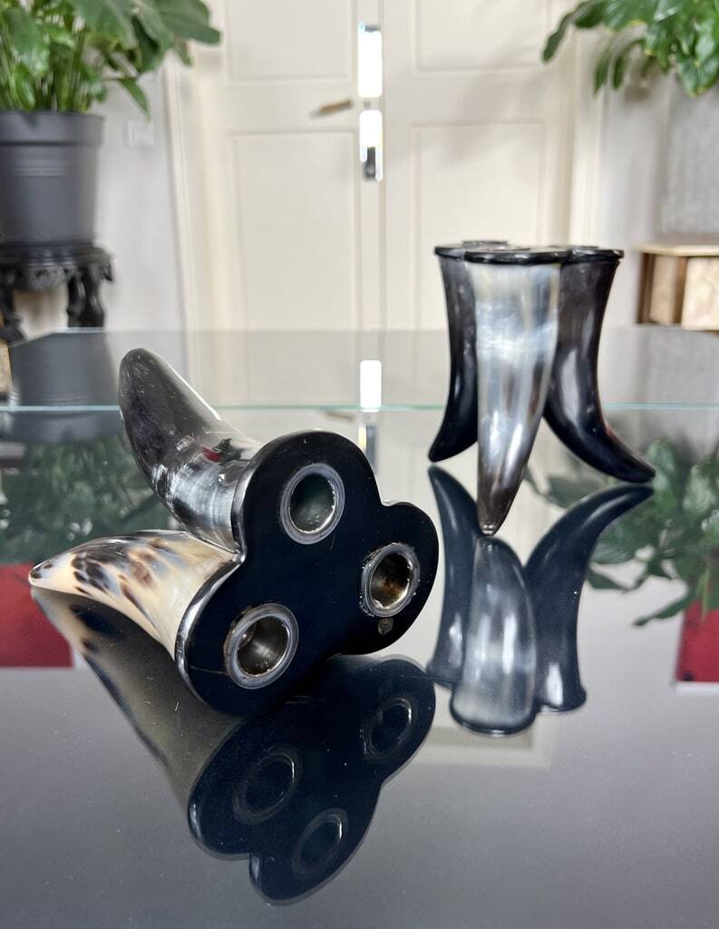Vintage Black Bovine Horn Candleholders - Decoration - Pair Candlesticks