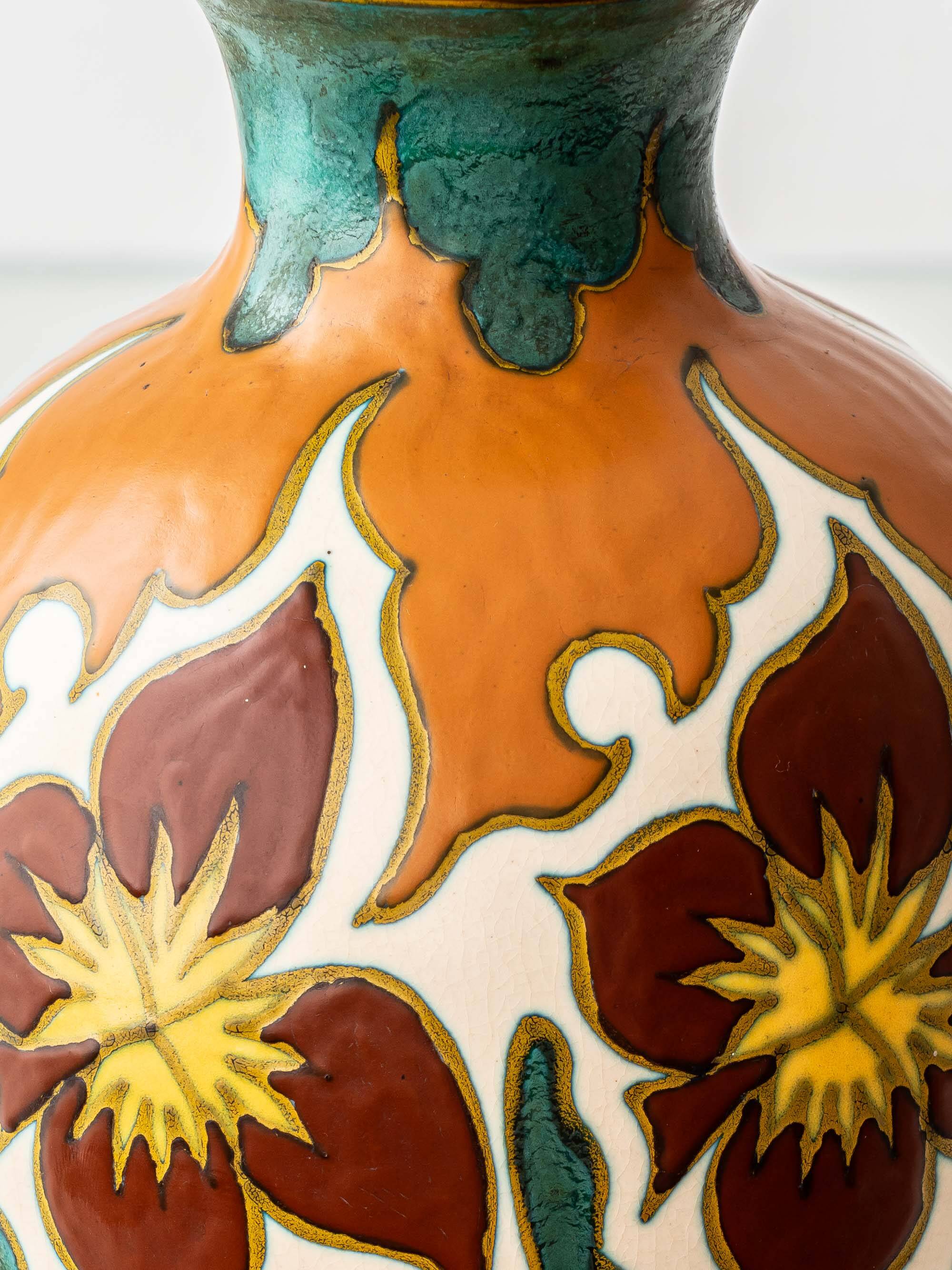 Gouda Pottery Table Lamps, Pair, Dutch Art Deco Floral, New Silk Shades
