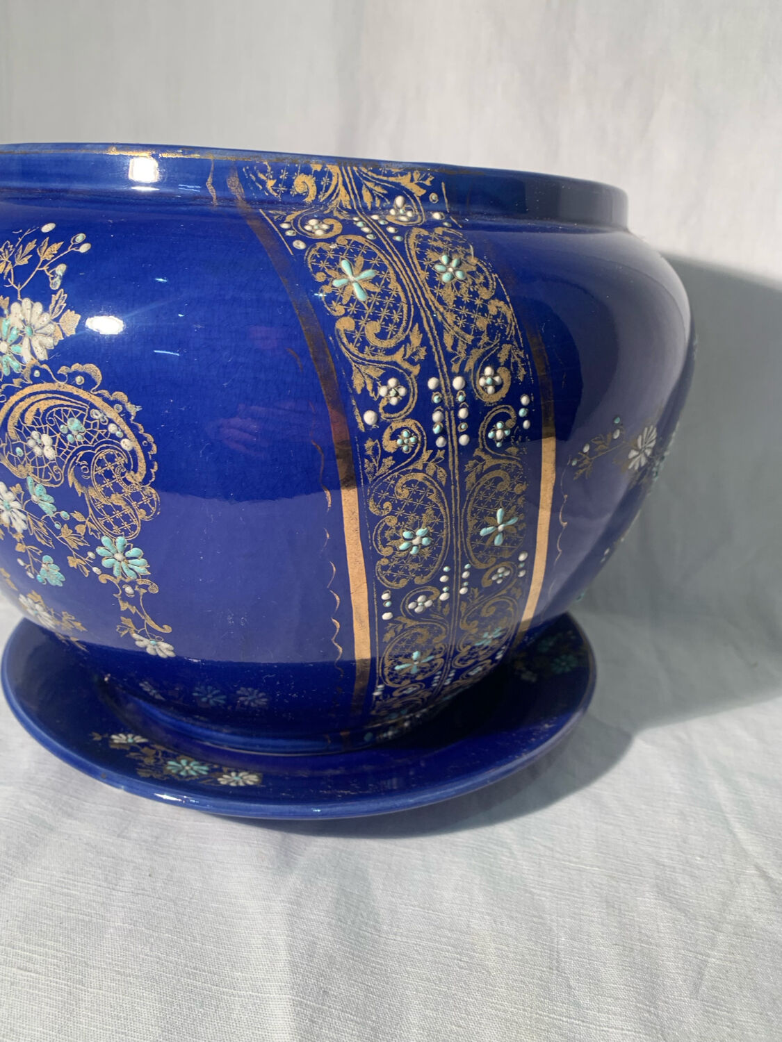 Antique blue flowerpot, ceramic, Art Nouveau earthenware circa 1900