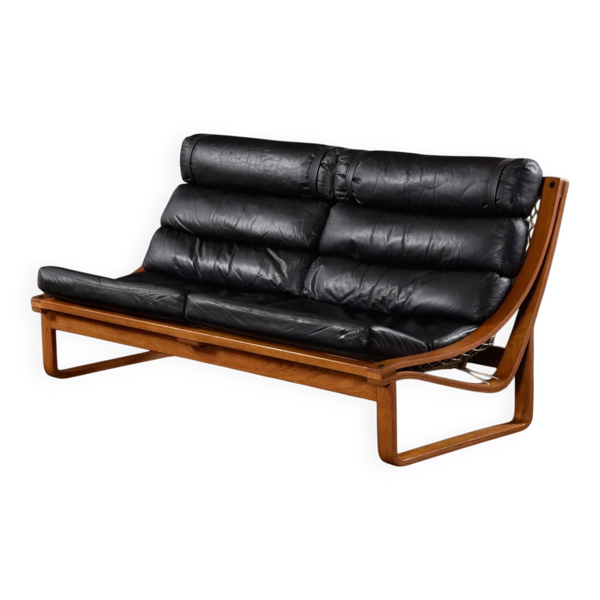 Canapé T4 en cuir noir et teck de Fred Lowen pour Tessa, années 1970