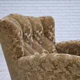 1950s, Danish relax armchair, furniture velour, carved oak wood.