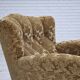 1950s, Danish relax armchair, furniture velour, carved oak wood.