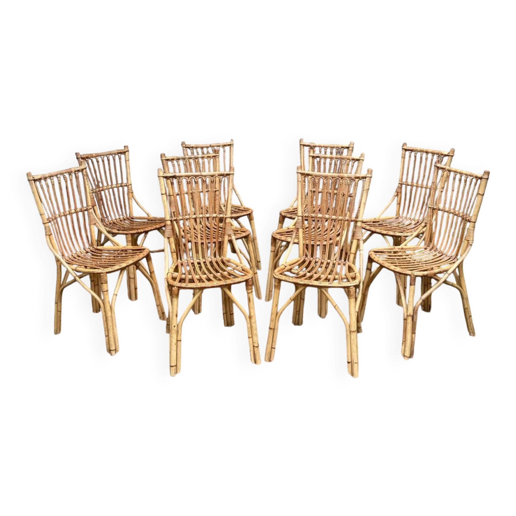 Lot de 10 chaises en rotin vintage