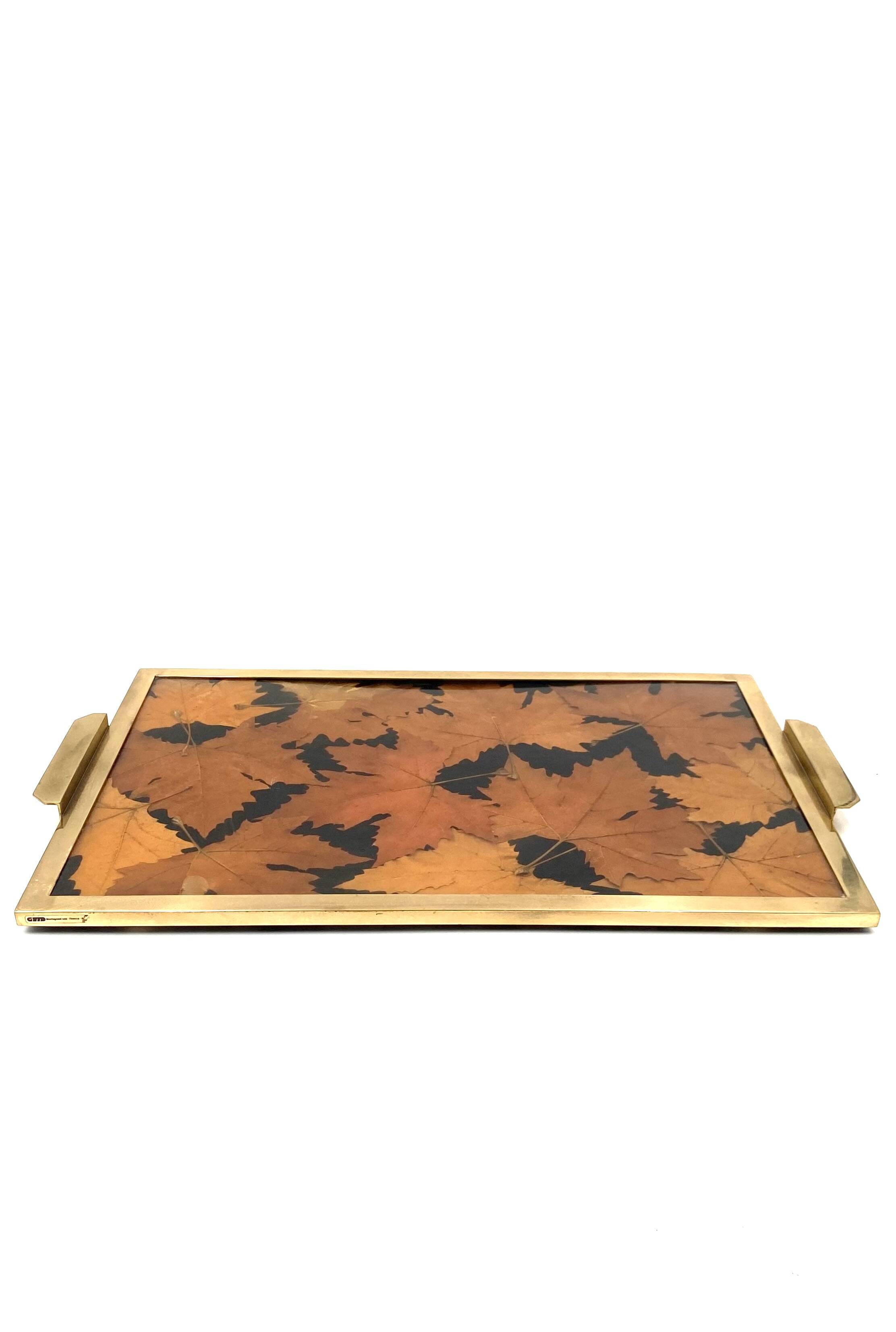 Hollywood regency brass and leaves resin tray, Montagnani Firenze Italy 1970s