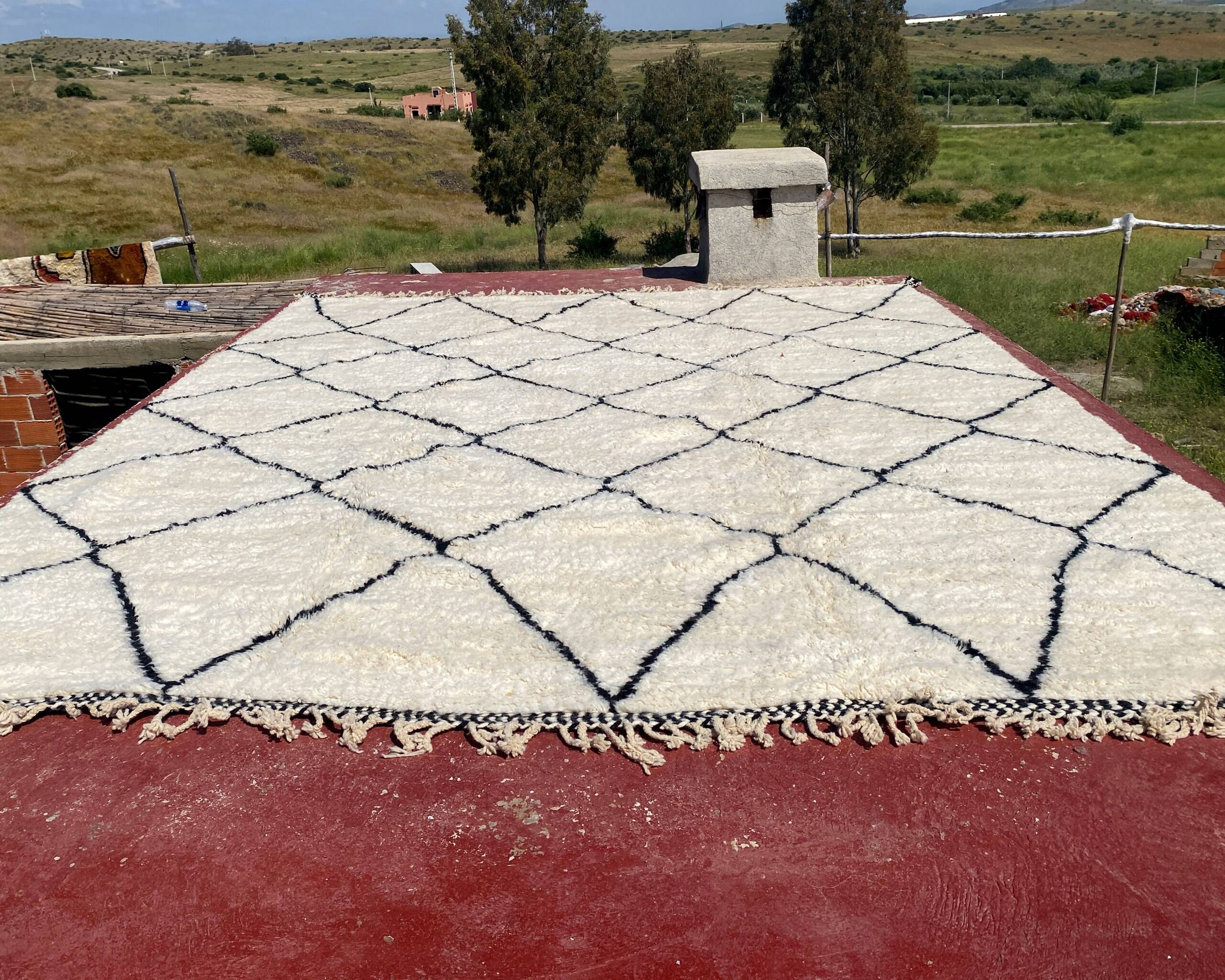 Very large vintage Beni Ouarain rug in cream wool with black diamonds, 426x344cm.