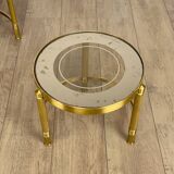 Vintage round nesting tables in gilded bronze with smoked glass