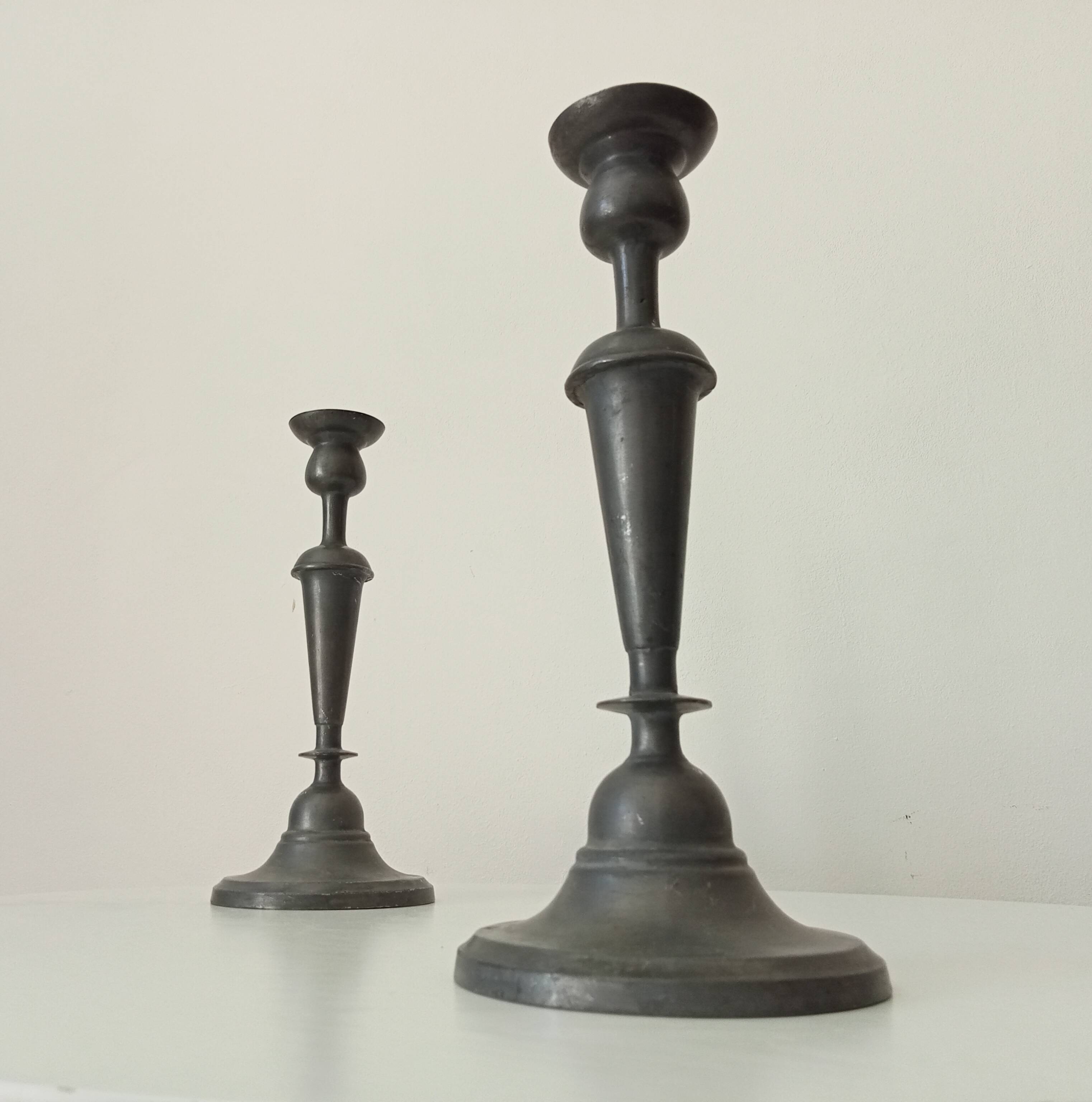 Pair of large old candlesticks in solid pewter