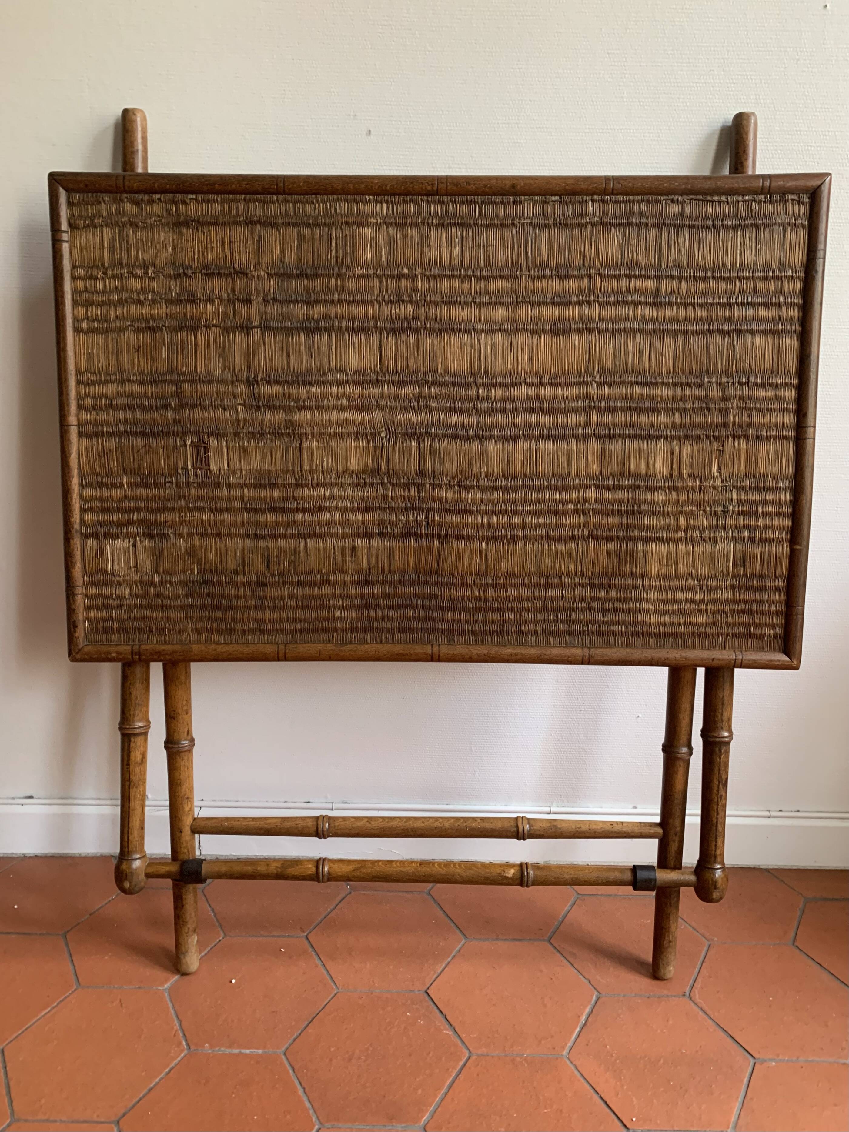 Folding table in bamboo-style wood and woven top, Napoleon III