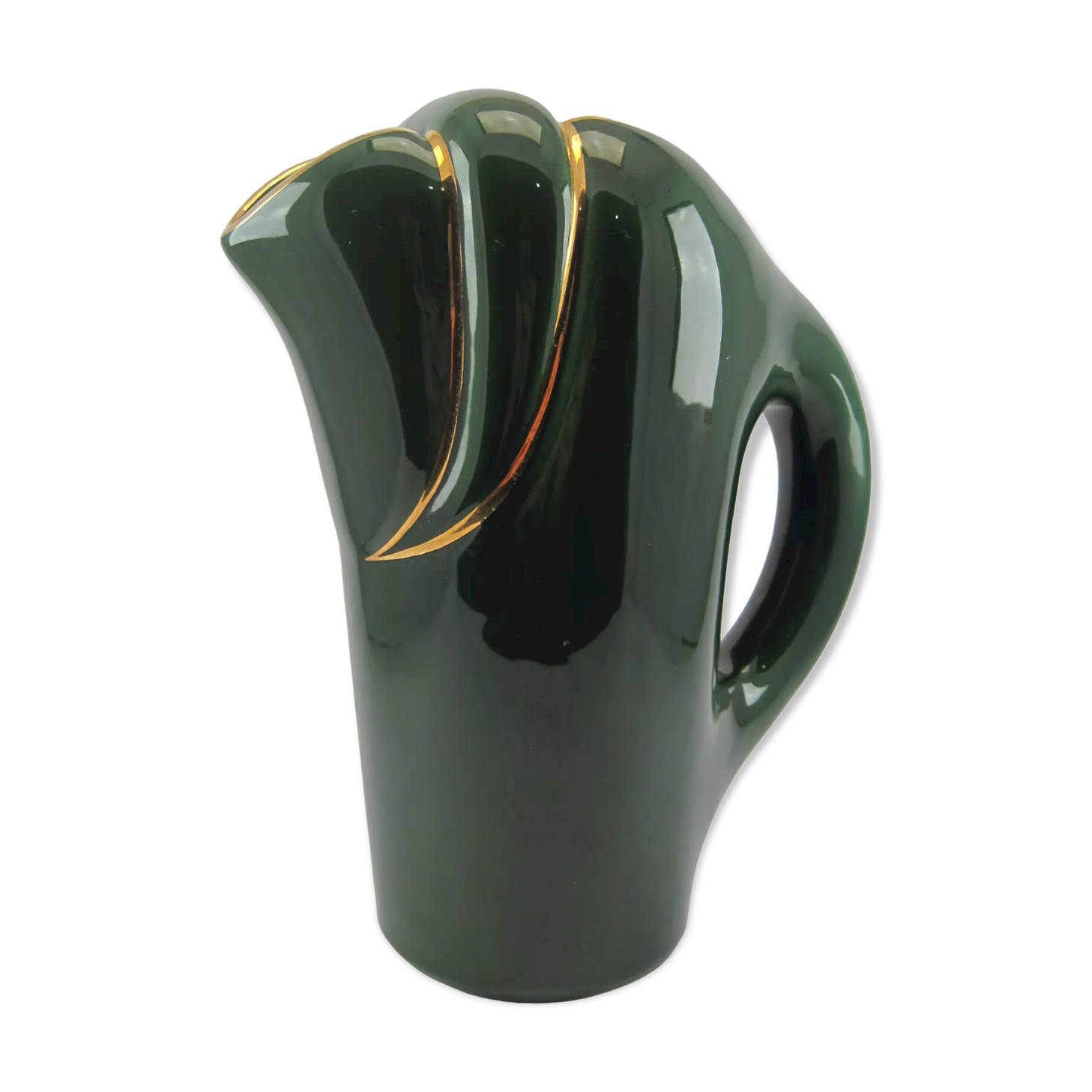 Modernist pitcher in green and gold glazed ceramic, brand MAGDALITHE MADE IN FRANCE around 1950 1