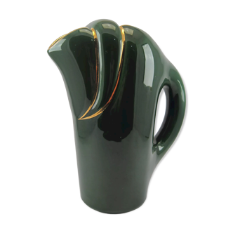Modernist pitcher in green and gold glazed ceramic, brand MAGDALITHE MADE IN FRANCE around 1950 1