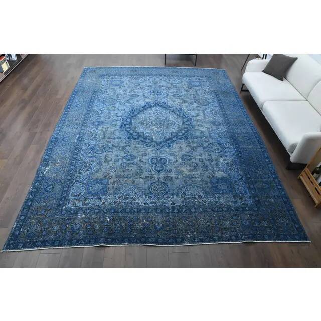 1970s Vintage Persian Handmade Wool Cotton Blue Area Rug 297x385