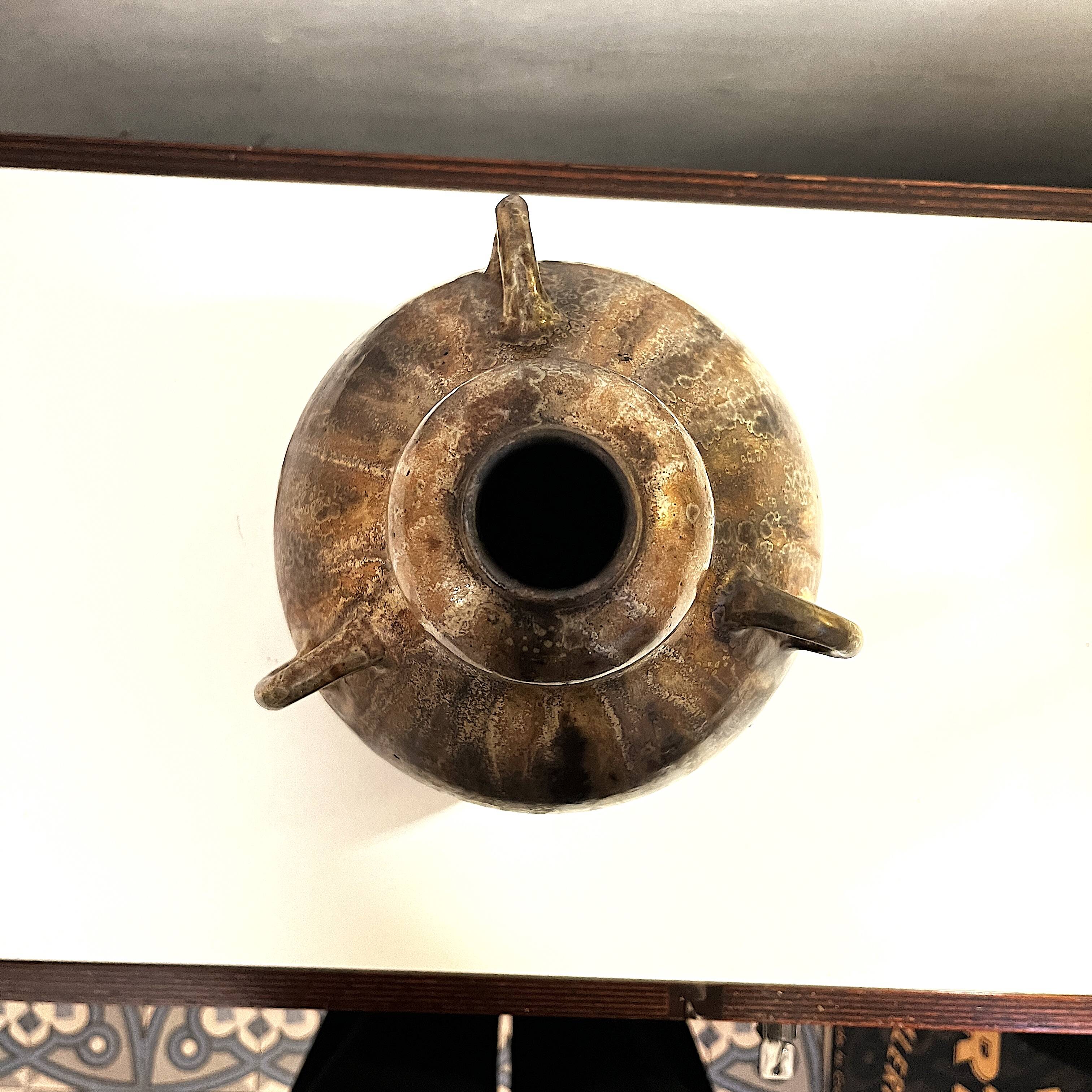 art nouveau brown 'colocynth' vase with three handles, roger guerin